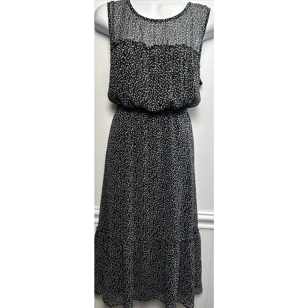 Nicole Miller Dress 8 Chiffon Black Print Sleeveless Layered Midi Elastic Waist